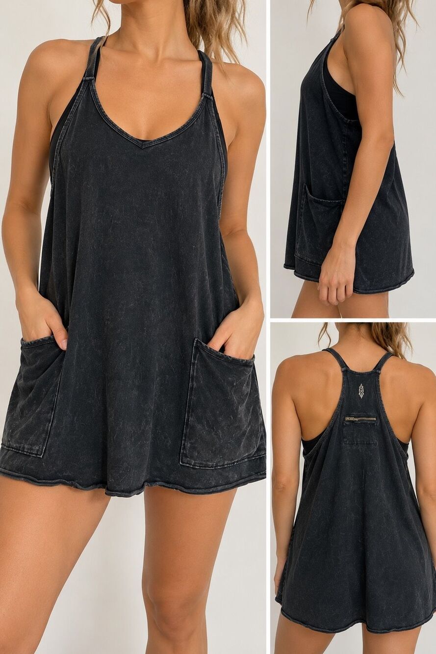 FP Movement Hot Shot Mini Dress Romper M Black Racerback Athleisure